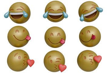 Nine 3D rendered emojis displaying various expressions of laughter, joy, and affection; tears of laughter, playful tongues.  Each emoji is a golden-yellow sphere with expressive features