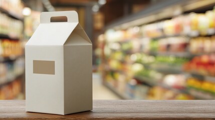 Minimal kraft carton in muted cream with die-cut window on a softly blurred grocery store background