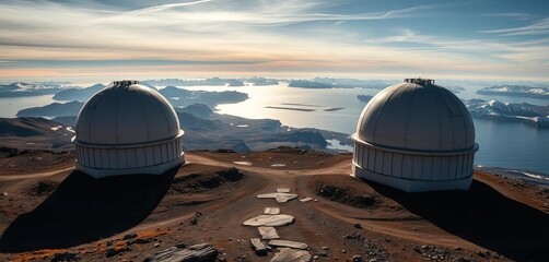 Coastal Greenland radar & satellite domes overlook scenic mountains and ocean, landscape, cliff
