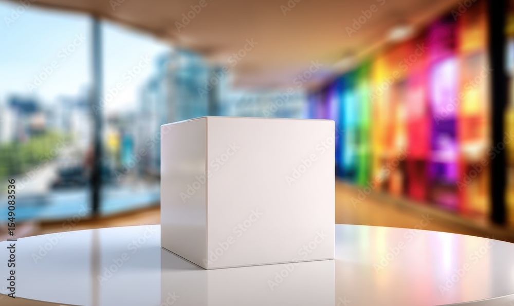 Poster plain white cardboard box on smooth surface with colorful modern interior background