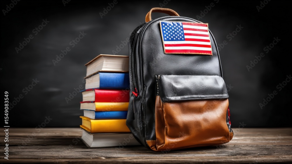 Poster school backpack with american flag patch and stack of textbooks on wooden table