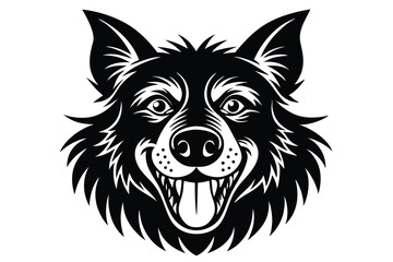 Cartoon captures a smiling dog's face with detailed black and white outline