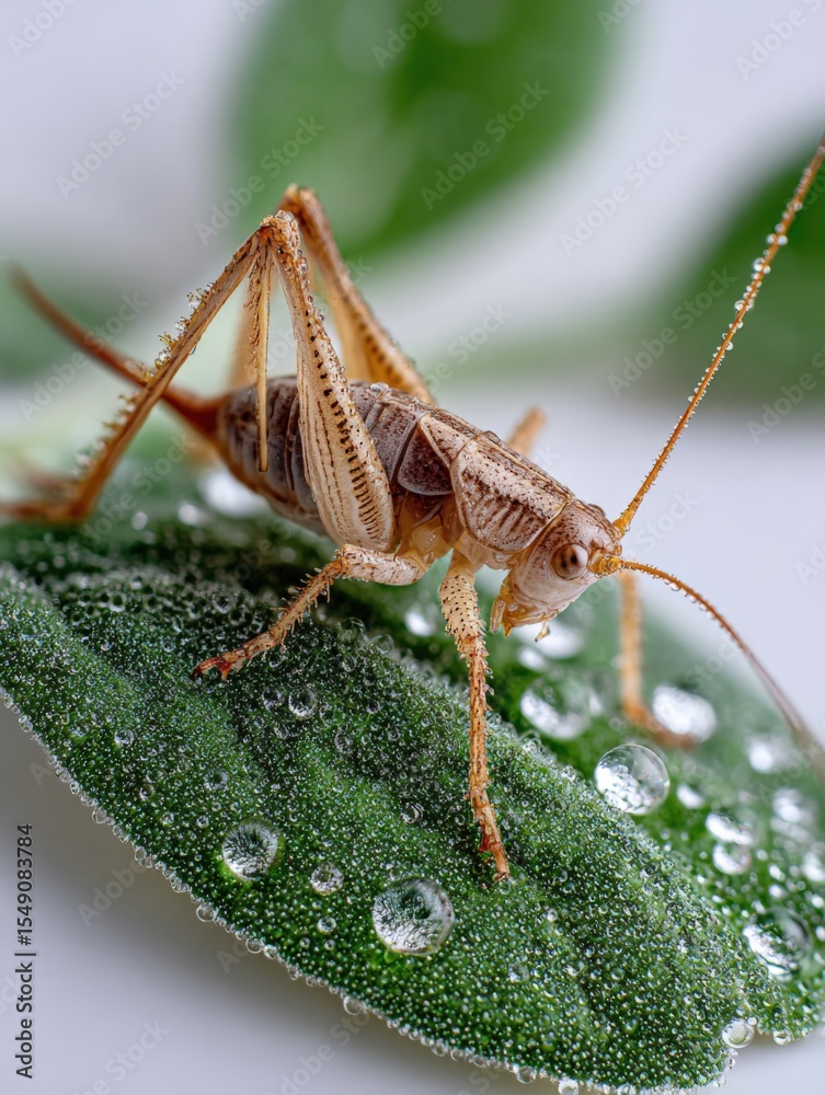 Poster Close-up of a tiny grasshopper resting on a dew-covered green leaf with detailed texture