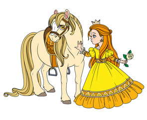 Beautiful cartoon princess in yellow dewss stroking a horse on white background