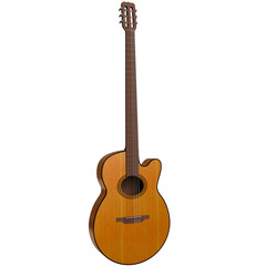 Fototapeta premium cutaway classical guitar with a natural wood finish, showcasing a sleek design and a smooth, gently curved body. The instrument features a light-colored wood grain visible across its body and neck