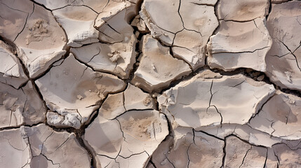 Macro Photograph of Parched Earth Texture: Extreme Close-Up Revealing Deep Fissures and Geological Stratification Under Intense Sunlight