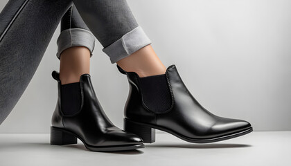 Close-up of black leather chelsea boots on woman feet. Stylish footwear on white background. Modern elegant design for casual wear