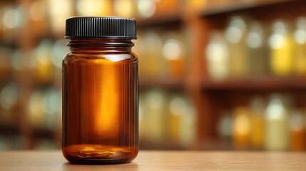 Minimalist amber glass jar with black screw cap on a softly blurred apothecary shelf background