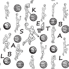 Seamless black and white basketball pattern designed for fabric prints and textile surfaces. Ideal for sportswear, activewear, and themed fabric design.