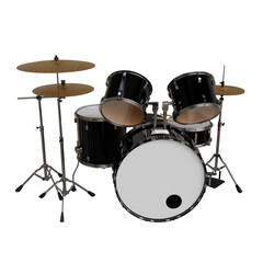A sleek, black drum kit with three tom-toms, a bass drum, a snare drum, and two cymbals, all...
