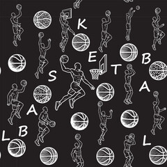 Seamless black and white vector pattern featuring dynamic basketball elements. Ideal for sports-themed fabric, apparel design, backgrounds, and activewear prints.