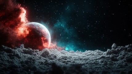 This thrilling image captures an alien planet set against a backdrop of vivid cosmic clouds and stars, showcasing the vastness and mystery of outer space in a captivating manner.