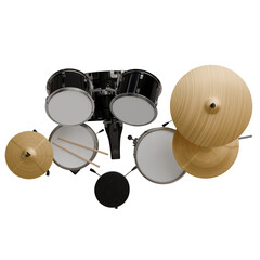 A five-piece drum kit with black drums, light wood cymbals, and drumsticks, viewed from above,...
