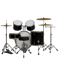 A black five-piece drum kit with cymbals, hi-hat, bass drum pedal, and stool, set against a...