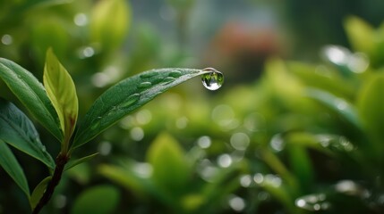 High-resolution shot of a single dewdrop on a leaf against a softly blurred garden scene