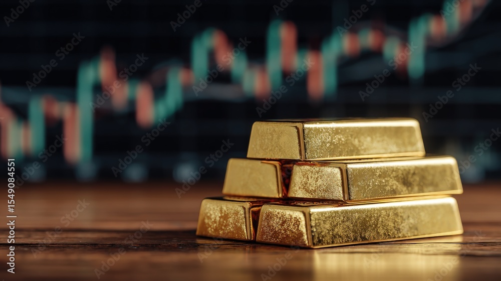 Poster close-up of stacked gold bars with financial chart background symbolizing wealth and investment