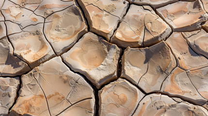 Macro Photograph of Parched Earth Texture: Extreme Close-Up Revealing Deep Fissures and Geological Stratification Under Intense Sunlight