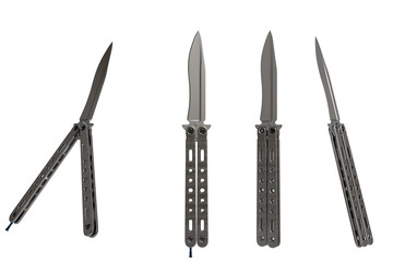 Close-up showcasing four variations of a closed and open, dark gray, illustrating its mechanisms.  Each knife is displayed at a different stage of opening and closing