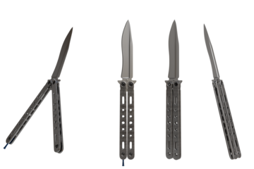 Close-up showcasing four variations of a closed and open, dark gray, illustrating its mechanisms.  Each knife is displayed at a different stage of opening and closing