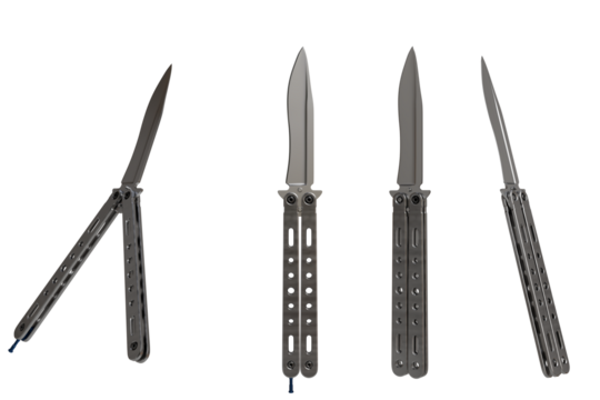 Close-up showcasing four variations of a closed and open, dark gray, illustrating its mechanisms.  Each knife is displayed at a different stage of opening and closing