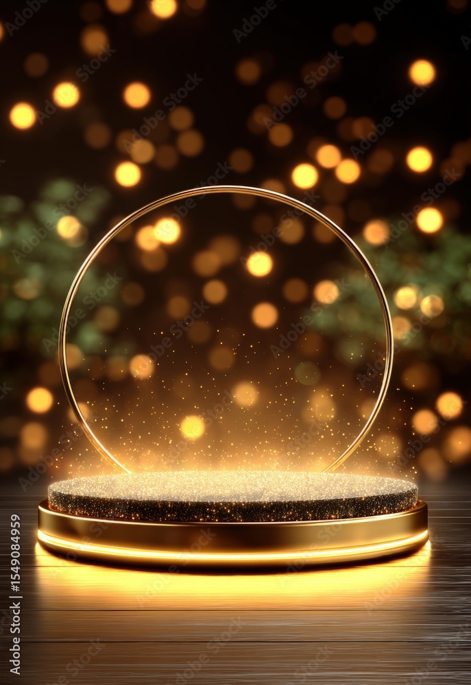 Poster Elegant glowing transparent sphere on illuminated golden platform with festive bokeh background