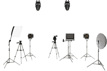 A studio setup featuring multiple light sources, including softboxes, spotlights, and a monitor, all positioned on tripods.  The arrangement suggests a professional photography or videography setting