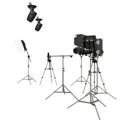 A studio photography setup featuring a camera mounted on a tripod, flanked by two additional tripods each supporting a light source; a fourth tripod holds a separate light panel