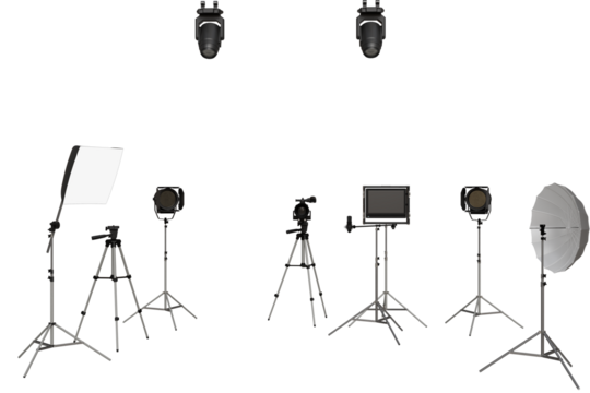 A studio setup featuring multiple light sources, including softboxes, spotlights, and a monitor, all positioned on tripods.  The arrangement suggests a professional photography or videography setting