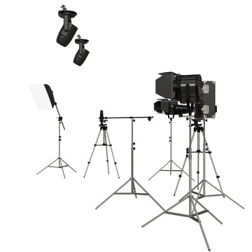 A studio photography setup featuring a camera mounted on a tripod, flanked by two additional tripods each supporting a light source; a fourth tripod holds a separate light panel