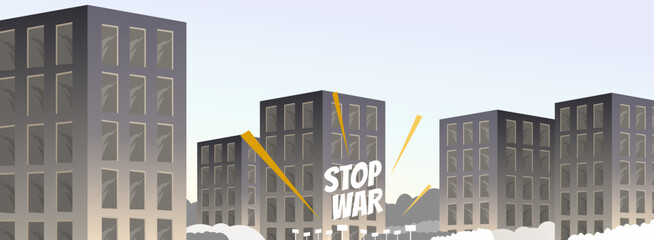 Stop war demonstration in urban center. Illustration of modern war. Stop prolonged conflict, regional war, nuclear war. Stop war. World war