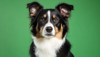 Portrait of attentive border collie puppy looks directly at camera. Cute dog with smart, serious expression on green backdrop.