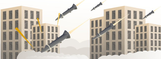 Rocket missiles hit cities. Illustration of modern war. Chaos due to ballistic missiles hitting cities at noon. World war
