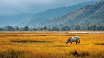 A wide shot of a solitary cow grazing peacefully in a vibrant meadow with a hazy blue background
