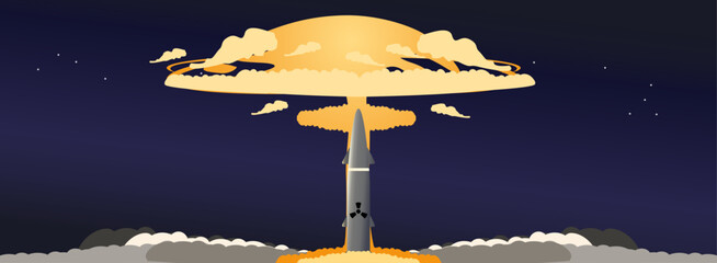 Rocket missiles launched and nuclear explosion effects. Illustration of modern war. Missile war threatens world stability due to the danger of nuclear use. World war