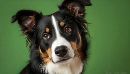 Fototapeta premium Portrait of attentive border collie puppy looks directly at camera. Cute dog with smart, serious expression on green backdrop.