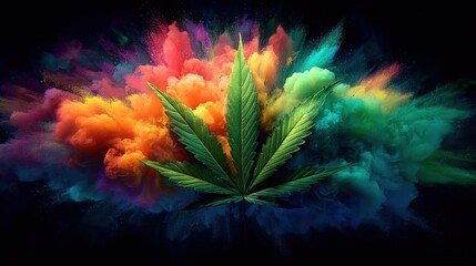 Fototapeta premium Vibrant colorful explosion with lush green cannabis leaf in dark background