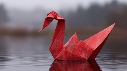 Red origami swan boat floating on calm water with blurred natural background