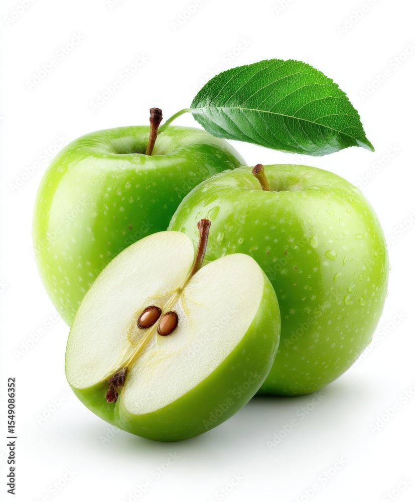 Poster fresh green s with leaf stem and sliced portion showing seeds on white background