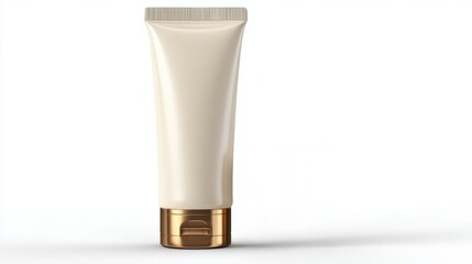 Elegant beige skincare lotion bottle with gold flip cap on white background