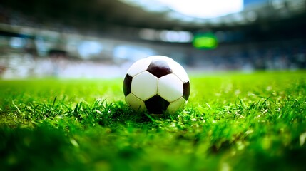 Fototapeta premium A traditional soccer ball on green grass, symbolizing the essence of the beautiful game.