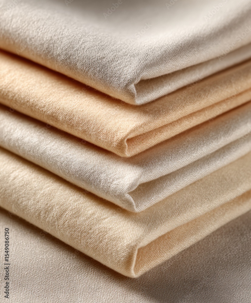 Poster close-up of neatly folded soft fabric in neutral beige and cream tones for textiles