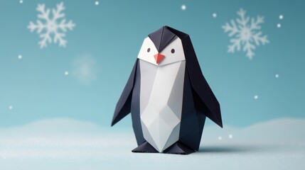 Obraz premium Charming origami penguin folded from black and white paper standing on a frosty mint background with subtle snowflake shadows