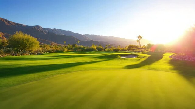 Golf course green grass sand bunker palm tree mountain range sunset light outdoor landscape sunny day nature scenery fairway bright sunlight clear sky desert vegetation scenic view outdoor sport