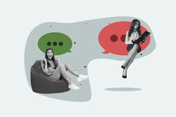 Creative full art collage of happy girl guy stand communication icon dialogue conversation speech...