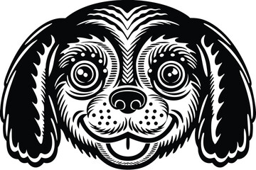 Black and white canine illustration showcases a playful dog with a stickingout tongue
