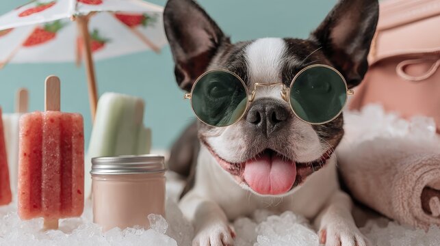 Adorable Boston Terrier wea stylish round sunglasses relaxing with summer treats and accessories