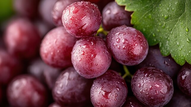 Close-up shot of fresh purple grapes with droplets of water, emphasizing freshness and quality. Ideal for showcasing healthy food options in lifestyle images.
