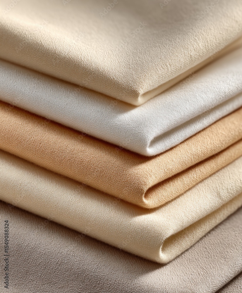 Poster close-up of neatly folded soft plain fabric layers in neutral beige, cream and white tones