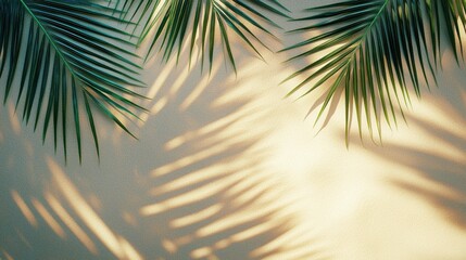 summer background of beach sand with shadows from palm leaves, top view