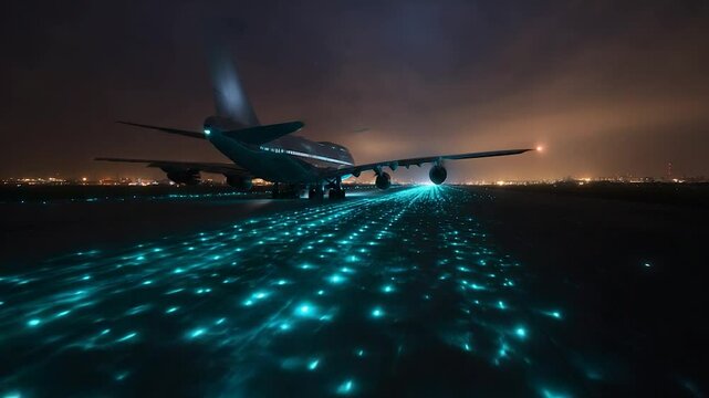 Night flight arrival a sleek passenger airplane approaches a runway at night. The illuminated runway lights create a stunning spectacle of light reflecting the excitement and anticipation of travel.